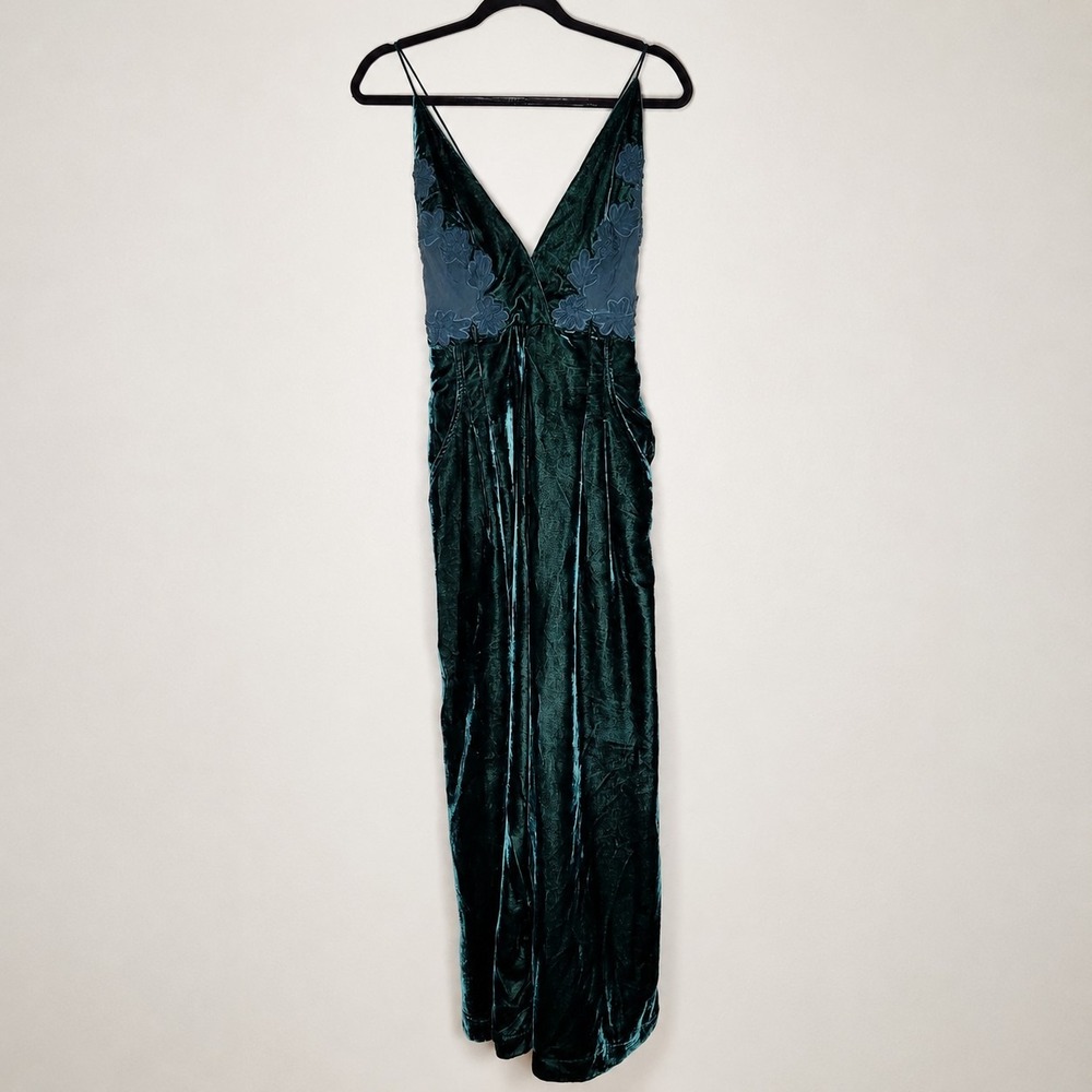 Free People Womens Size 6 Pine Green Blake Velvet One-piece Jumpsuit Whimsigoth